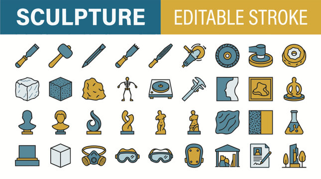 Sculpture icons set for artistic projects featuring chisels hammer tools and clay statues.