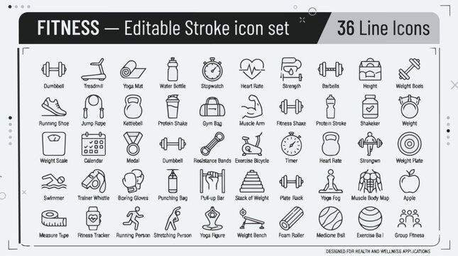 Fitness editable stroke icon set 36 line icons for health and wellness applications.