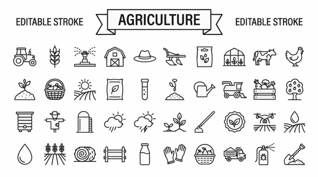 Agriculture editable stroke icon set with 36 line icons for farming and crops.