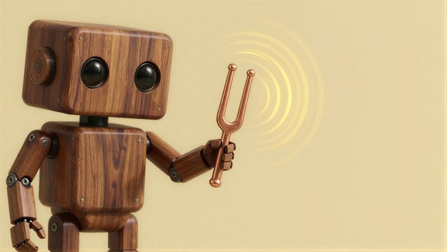 Wooden robot holds tuning fork, emitting sound waves against warm beige background.