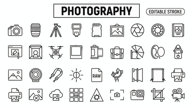 Photography, camera, lens, and studio editable stroke line icons for hobby.