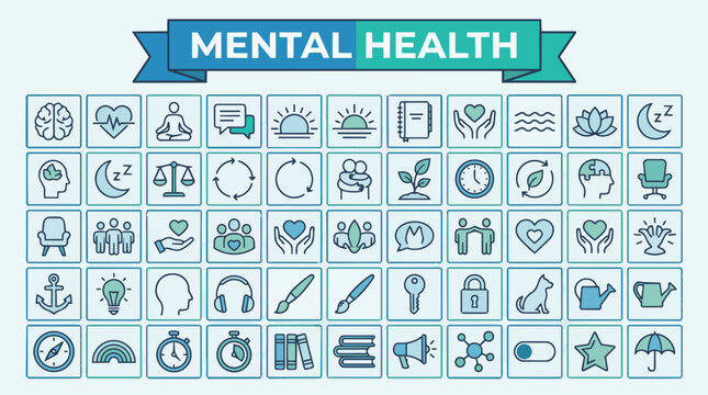 Mental health icons set for wellness psychology self care and emotional balance concepts.