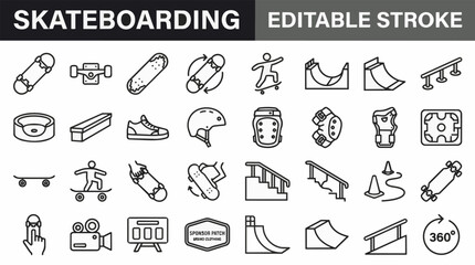 Skateboarding vector line icons set. contains such icons as skateboard, helmet, ramp, rails. © icon_vectors