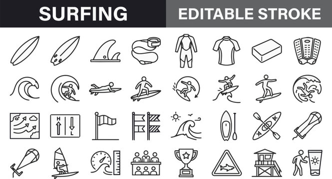 Surfing icons collection with editable stroke for web and apps.