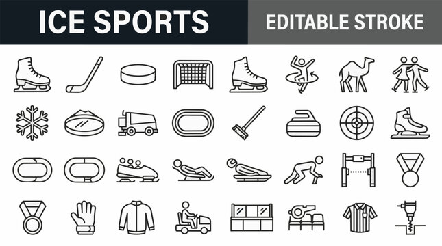 Ice sports icons editable stroke for winter games and athletes.