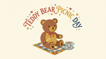 Fototapeta premium A teddy bear enjoys a picnic on a blanket with snacks and drinks outside on a sunny day with friends.