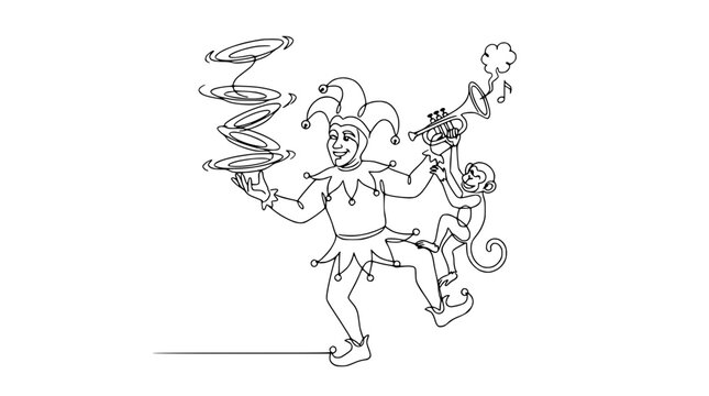 Jester Balancing Plates and Monkey Playing Trumpet - Circus Performance