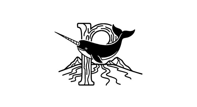 Black and white narwhal and mountain logo design.