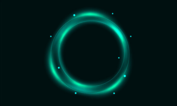 Abstract turquoise glowing ring design with floating particles on dark wallpaper backdrop.
