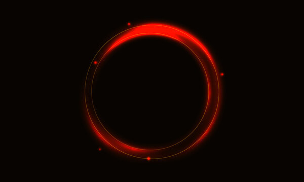 Glowing red ring frame isolated on black background with light particles digital concept art.