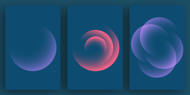 Set of three abstract blue dark posters featuring gradient light circles and soft curves.