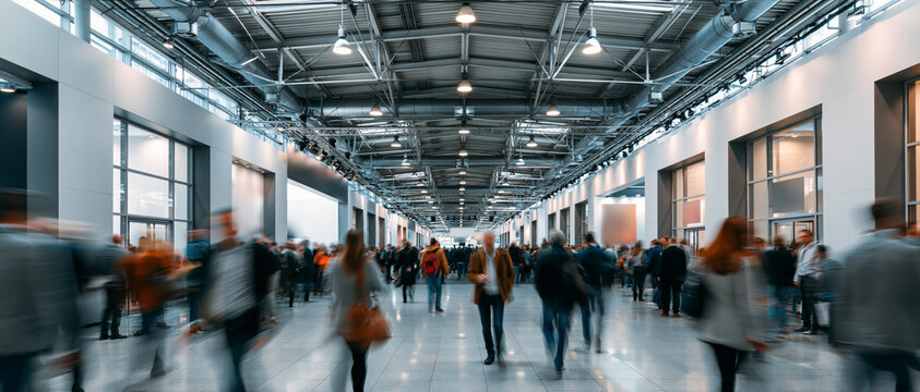  Dynamic motion blur of business crowd walking at modern trade show exhibition hall.