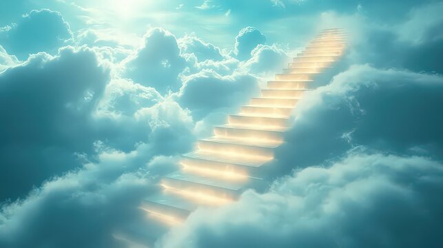 Stairway to heaven, ethereal staircase leading up into bright clouds and divine light, conceptual spiritual background