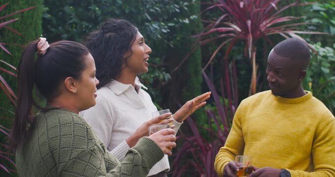 African American friends bonding in yard while center woman telling story after left handing glass