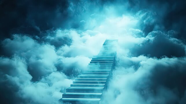 Stairway to heaven, staircase leading up into the bright light through the clouds, conceptual image of afterlife or success