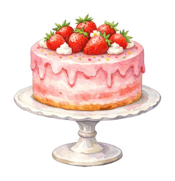 PNG Strawberry cake watercolor illustration.