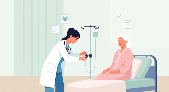 Medical Professional Adjusting IV Drip For Older Patient In Hospital Room