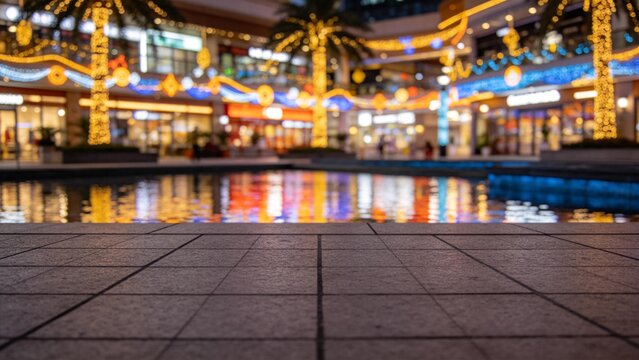 Evening outdoor shopping area with lights