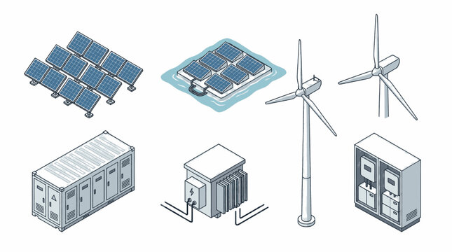 Set of isometric illustrations depicting renewable energy sources and related infrastructure, including solar panels, wind turbines, and electrical equipment.