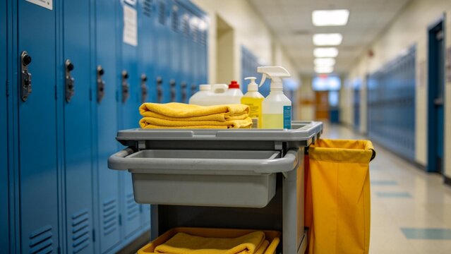 Cleaning cart in school hallway