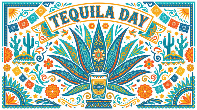 Vibrant agave plant illustration with tequila glass and festive decorations celebrates Tequila Day