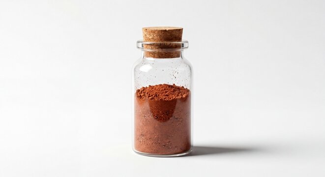 A small glass bottle filled with fine red powder and sealed with a natural cork stopper on white.