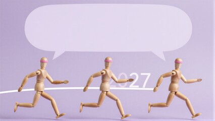 Obraz premium Three wooden figures race toward 2027, symbolizing forward movement and future goals.