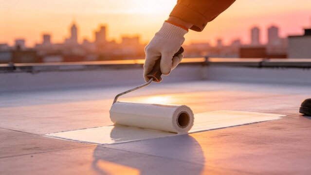 Person applying sealant on rooftop
