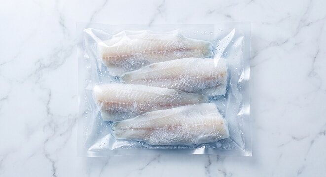 Four raw white fish fillets vacuum sealed in a clear plastic bag on a white marble countertop base.