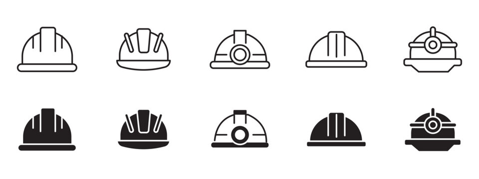 Construction Helmet Icon Set, Industrial Safety Hard Hat and Engineering Worker Vector Symbols