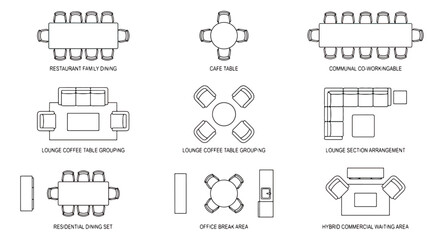 Architectural floor plan furniture symbols, 9 interior layout icons for restaurant and office design, top view seating arrangement vector set © Muhammad