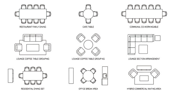 Architectural floor plan furniture symbols, 9 interior layout icons for restaurant and office design, top view seating arrangement vector set