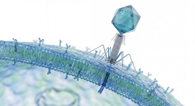 A detailed 3D render of a bacteriophage virus attaching to the surface of a blue biological cell.