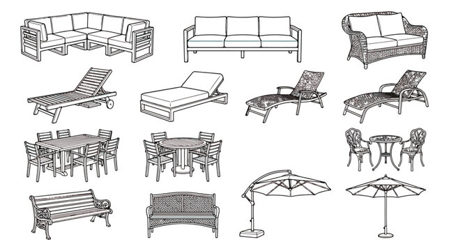 Outdoor patio furniture vector set, garden furniture line art icons, terrace lounge chairs and dining sets for backyard landscaping and exterior design