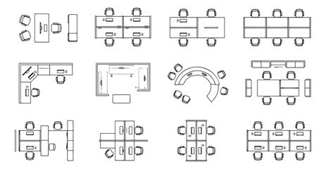 Office furniture floor plan icons, 12 top view workstation vector symbols, architectural desk and chair layout set for interior design © Muhammad