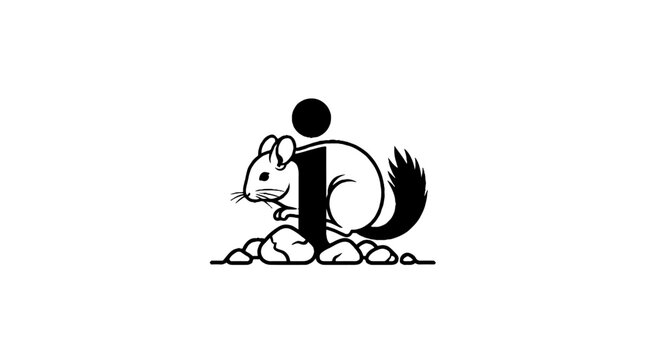 Black and white illustration of a squirrel on rocks.