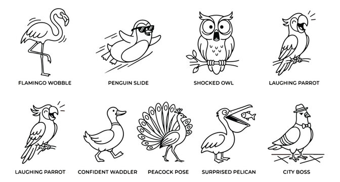 Funny bird cartoon icons set, 9 cute animal characters in line art style, humorous avian illustrations for children coloring book and stickers