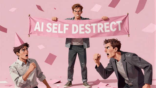 Man holds "AI SELF DESTRUCT" banner as others react in panic amidst pink confetti.