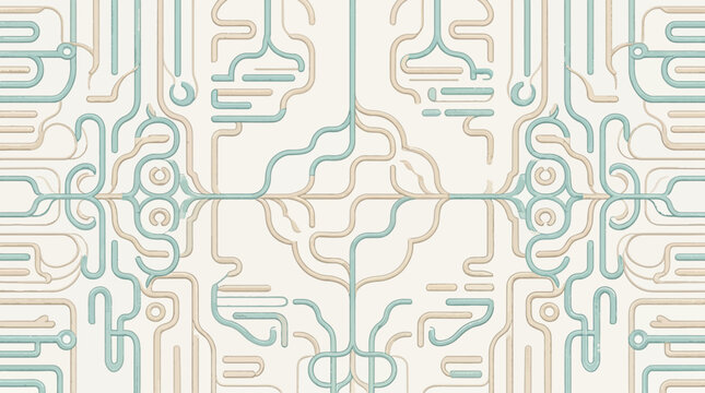 Abstract digital craft vector illustration featuring a soft teal and beige circuit board pattern on a textured cream background with a raised embroidered textile effect.