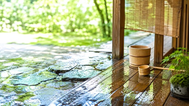 打ち水のある和の縁側 柄杓と手桶で涼を取る夏の風物詩の情景