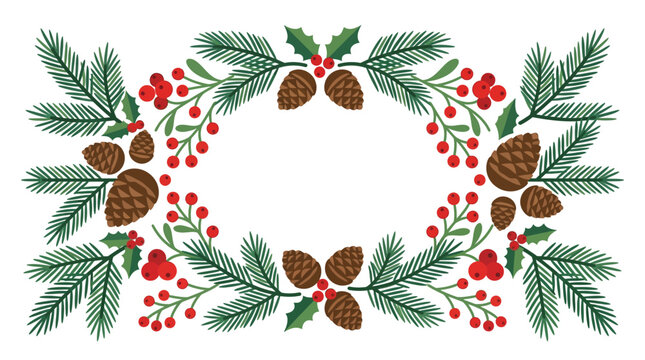 Flat vector Christmas wreath border with green pine branches, red berries, brown pinecones, and holly leaves arranged symmetrically on a white background for holiday invitations.
