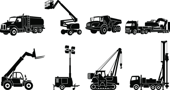Construction and Material Handling Equipment Silhouette Set with Crane Telehandler and Drill Rig