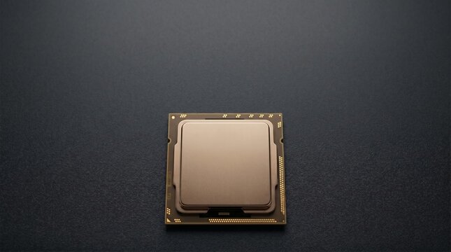 Modern computer processor central processing unit chip with metallic gold finish sitting on a dark textured surface for technology concepts