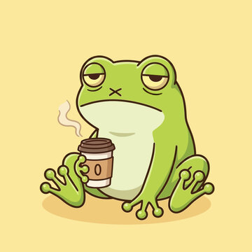 Cartoon Frog Holding Coffee Cup.
