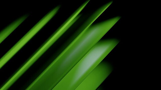 Glossy green and lavender diagonal parallel slats creating rhythmic shadows in a minimalist black space with high-contrast futuristic lighting vibe