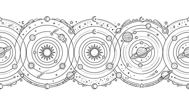 Seamless pattern of planetary solar systems and celestial orbits with celestial astronomy universe seamless illustration astrology astronomical background wallpaper decorative