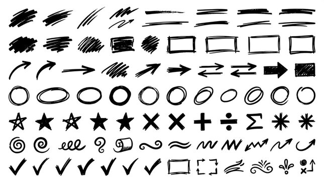 Hand-drawn sketch elements collection including arrows circles stars check marks for digital design with collection highlight illustration scribble business presentation ornament