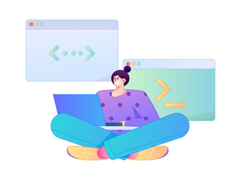 Programming teaching development flat character vector concept operation hand drawn illustration
