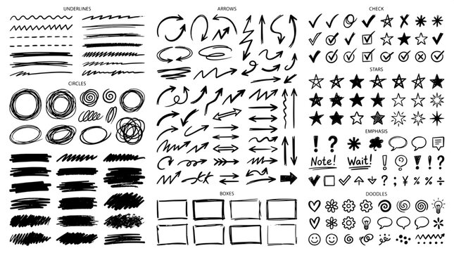 Comprehensive collection of hand-drawn vector doodle elements including arrows circles stars checkmarks and emphasis marks for design annotation with checkmark emphasis annotation highlight