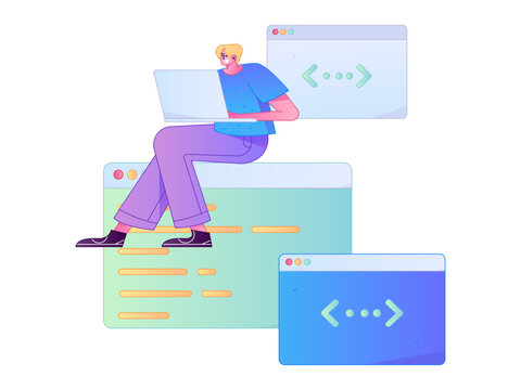 Programming teaching development flat character vector concept operation hand drawn illustration
